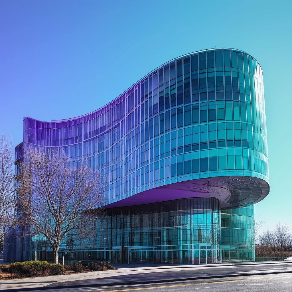 curved office building on a sunny day, subtly incorporating a hint of purple and teal