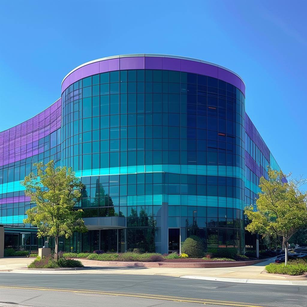 curved telecommunications company office building on a sunny day with a hint of purple and teal